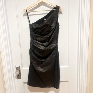 NWT Diane von Furstenberg Lavanda Dress 2 Black Leather Ruched One Shoulder